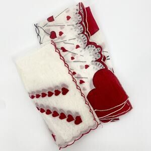 Vintage Valentine Heart Handkerchief Set Red White Hankies Lot 2
